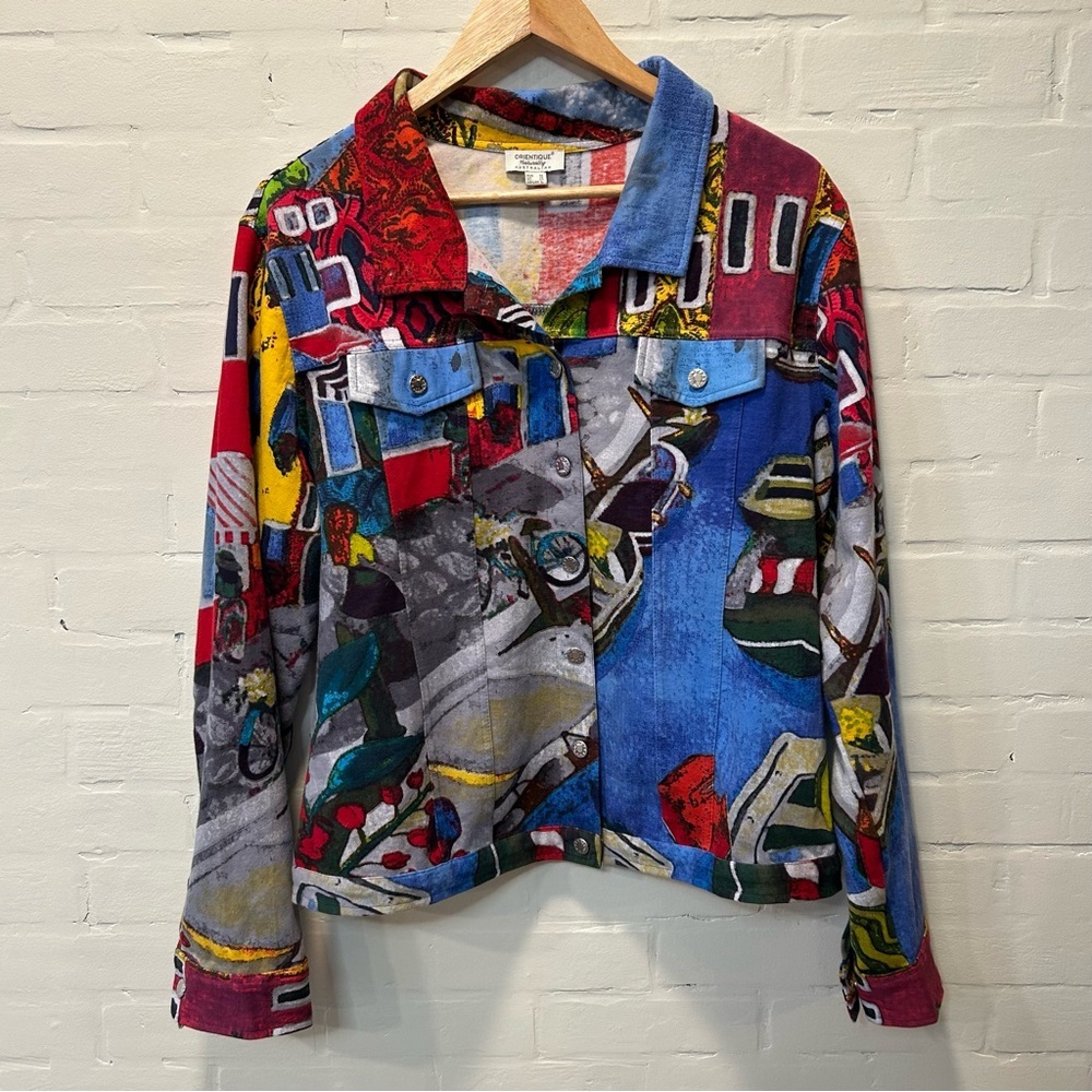 Orientique Colorful Abstract Wearable Art Statement “Denim Style” Jacket Size L